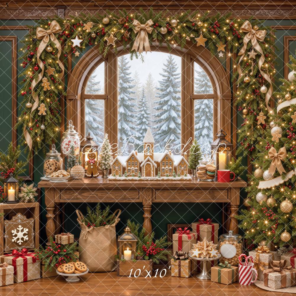 Kate Christmas Tree Arched Window Gingerbread Gifts Printed Backdrop Designed by Mini MakeBelieve