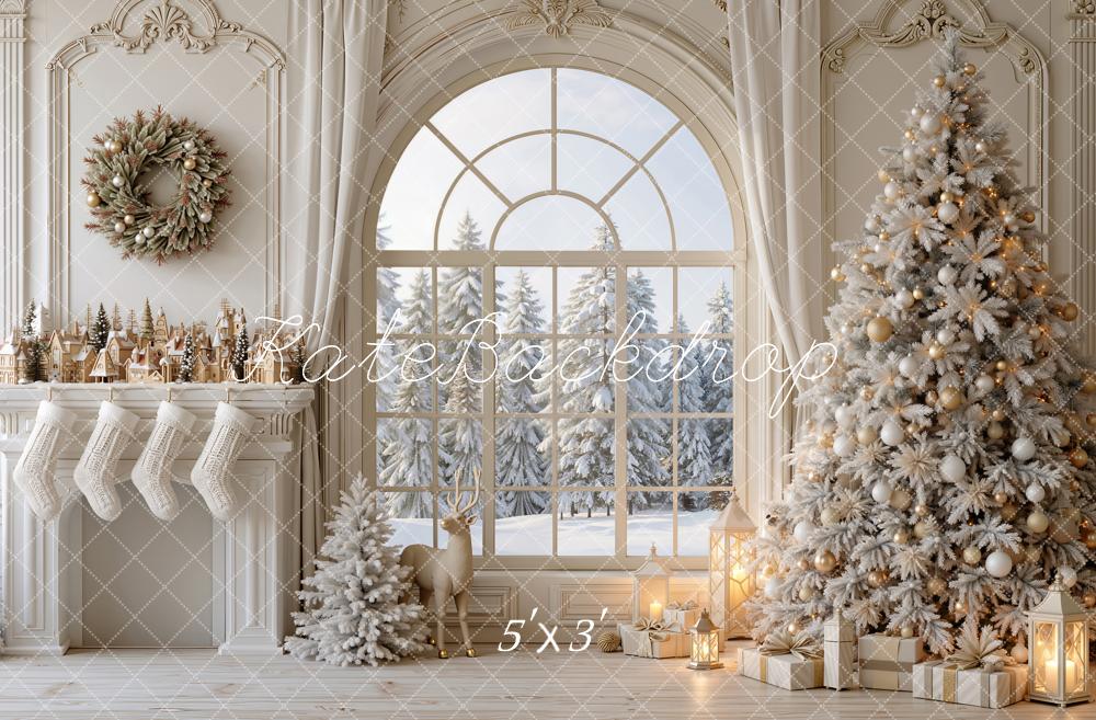 Kate Christmas Tree Ivory Fireplace Arched Window Snow Printed Backdrop Designed by Emetselch
