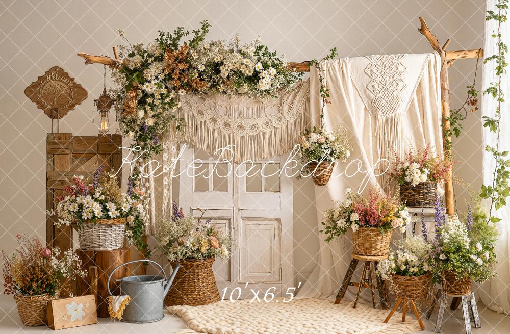 Kate Boho Flower Arch Macrame Wicker Baskets Neutral Printed Backdrop Designed by Emetselch