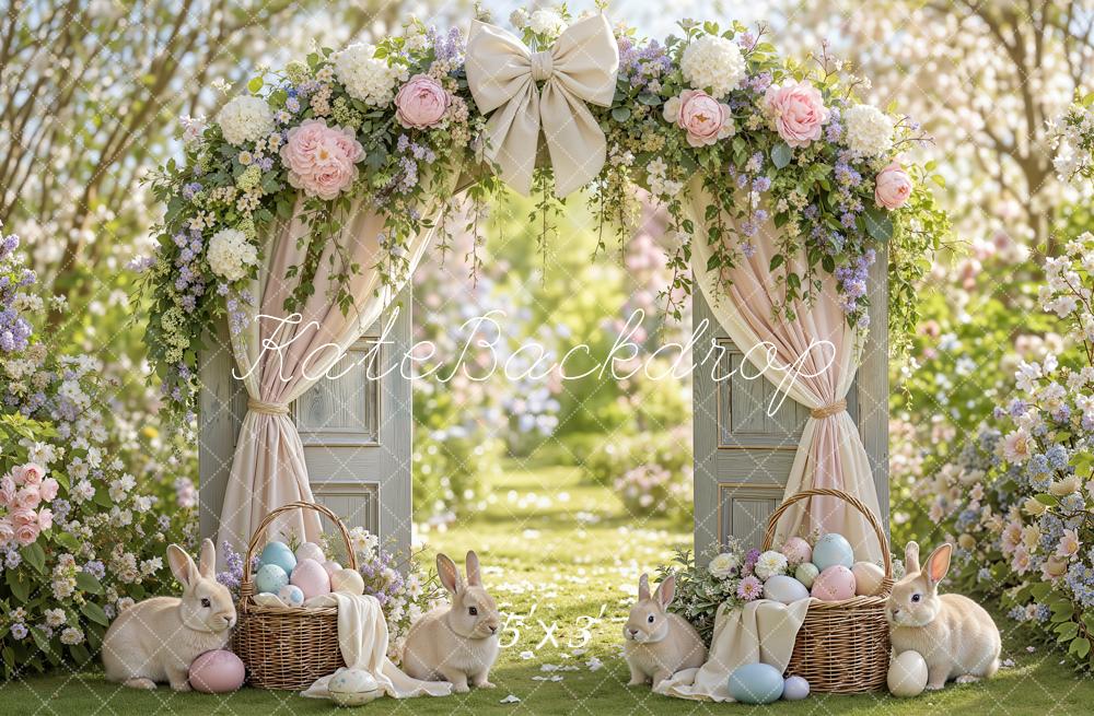 Kate Easter Flower Arch Garden Door Bunny Bow Curtains Printed Backdrop Designed by Emetselch