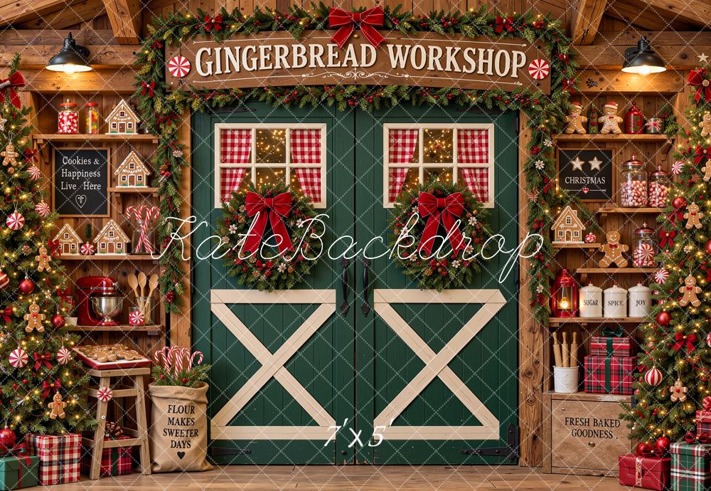 Kate Christmas Gingerbread Workshop Green Barn Door Shelves Printed Backdrop Designed by Shutter Swan Studios