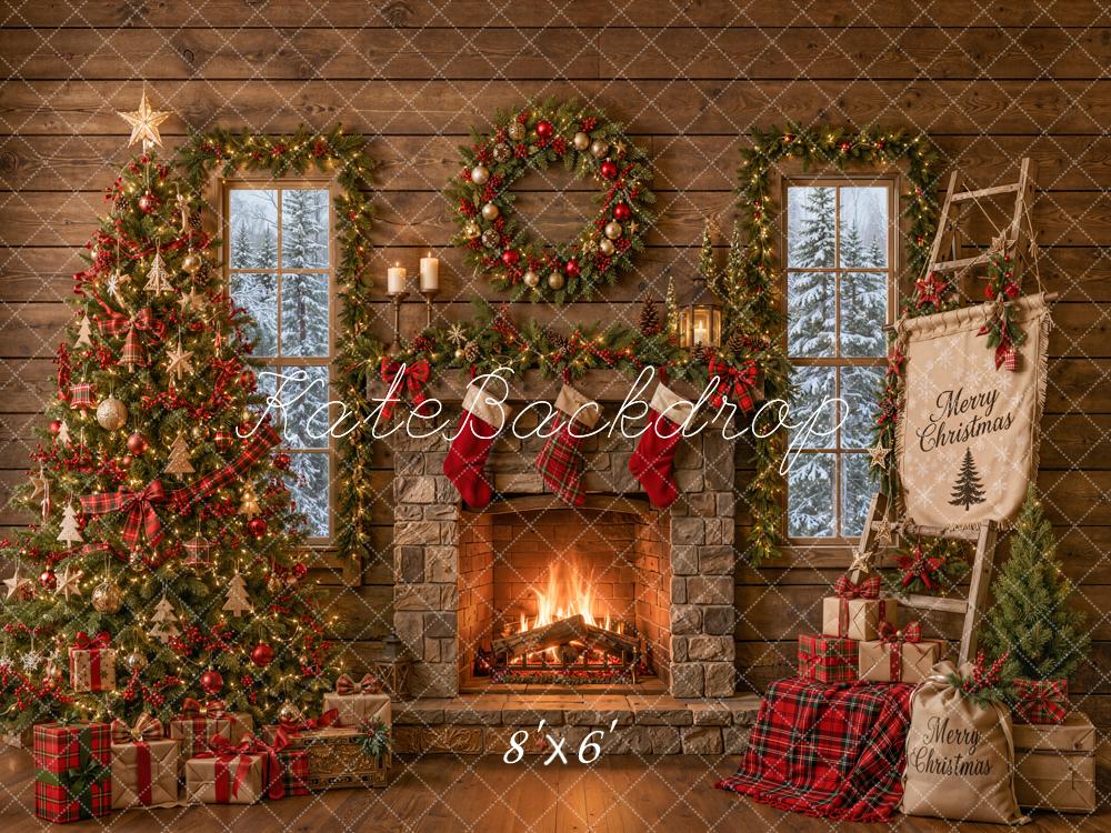 Kate Christmas Rustic Cabin Fireplace Tree Ladder Printed Backdrop Designed by Emetselch