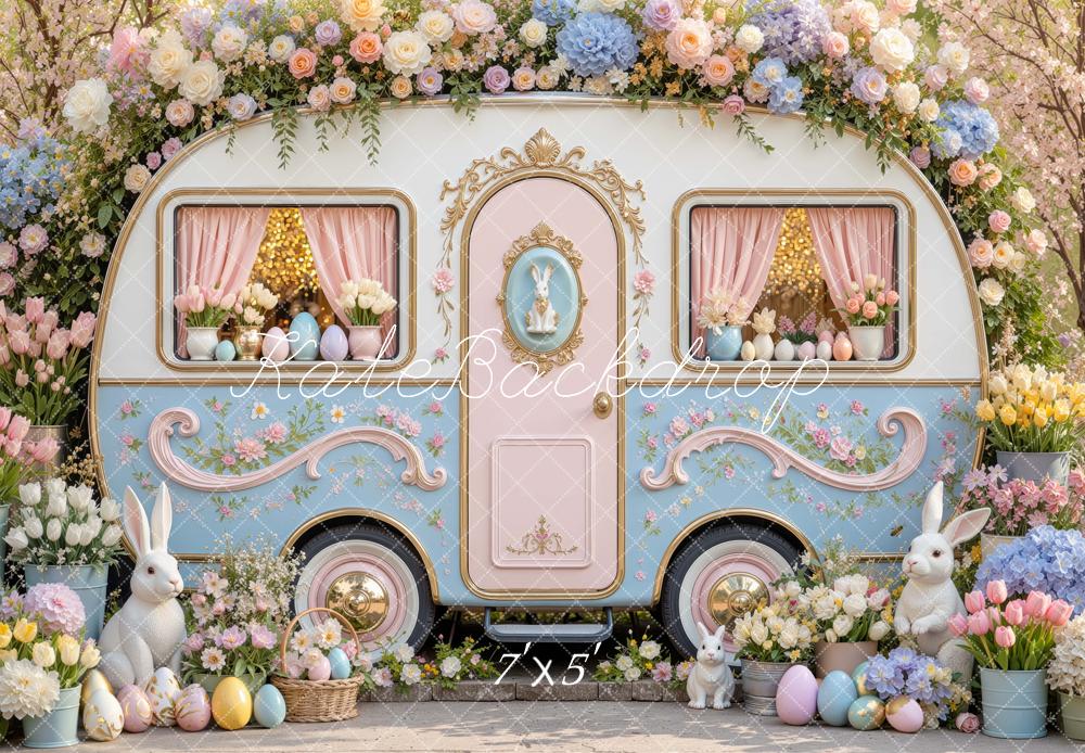 Kate Easter Camper Bunny Flower Arch Printed Backdrop Designed by Mini MakeBelieve