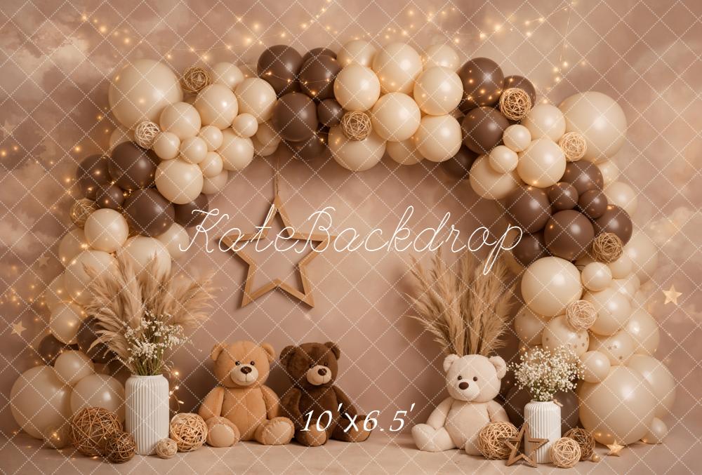 Kate Cake Smash Balloon Arch Teddy Bears Pampas Grass Neutral Brown Backdrop Designed by Emetselch