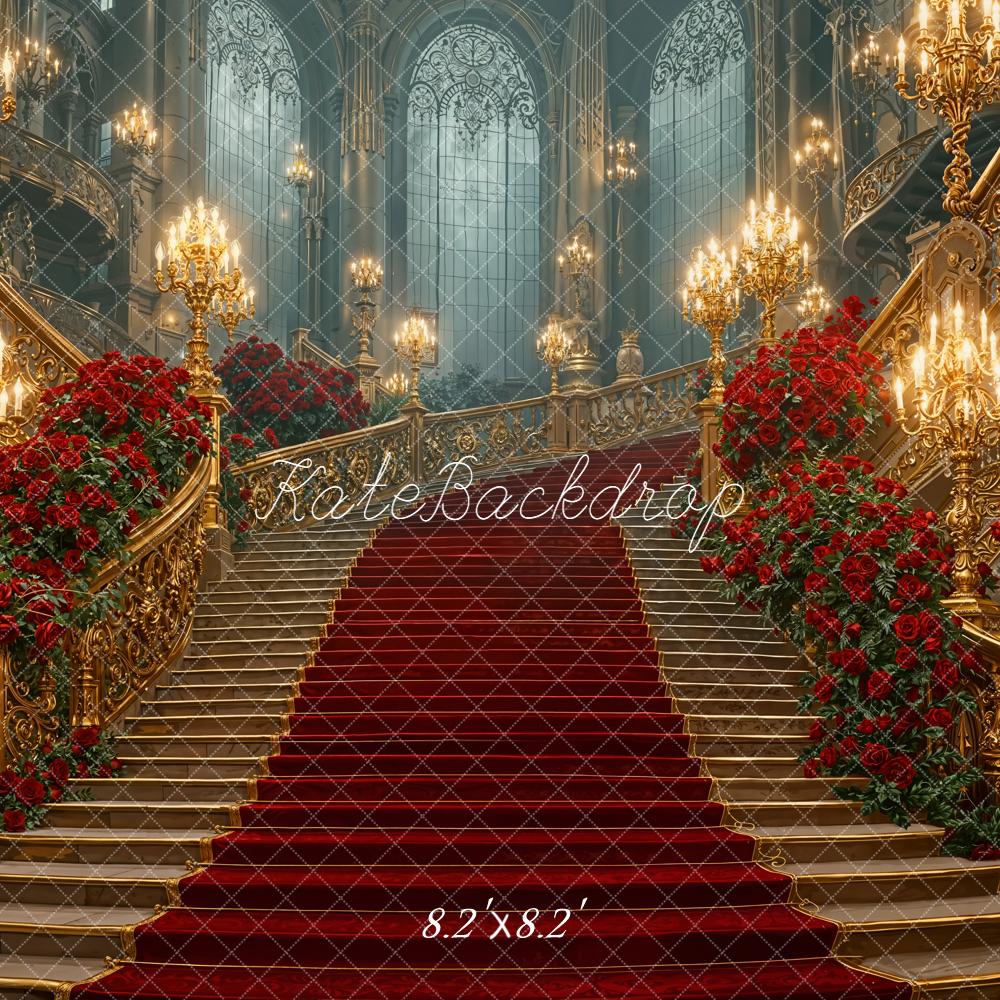 Kate Valentines Cascading Stairs Red Roses Gold Chandeliers Backdrop Designed by Emetselch