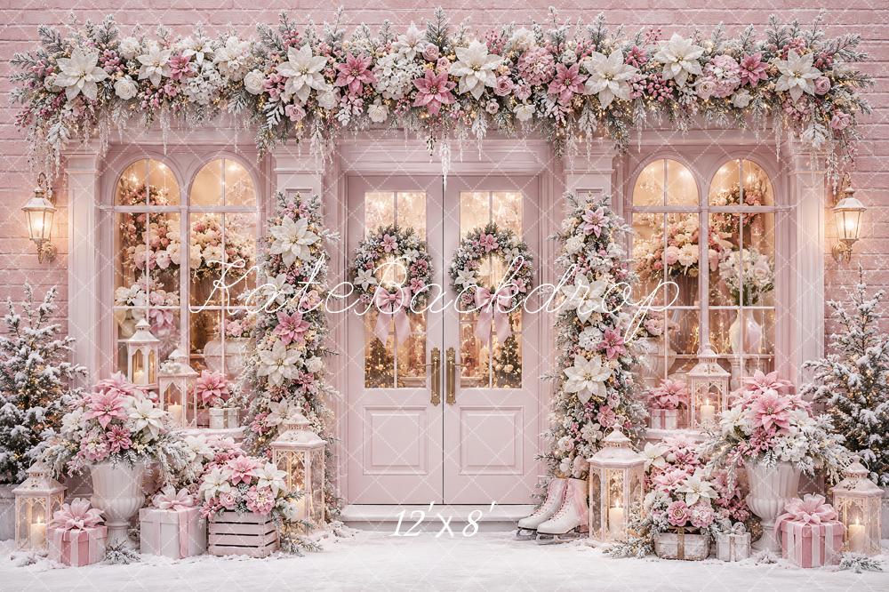 Kate Christmas Pink Snowy Floral Front Door Printed Backdrop Designed by Ashley Paul