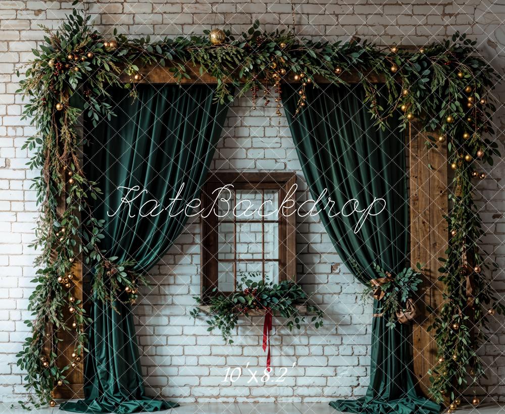 Kate Christmas Green Curtain Brown Window White Brick Wall Printed Backdrop Designed by Emetselch