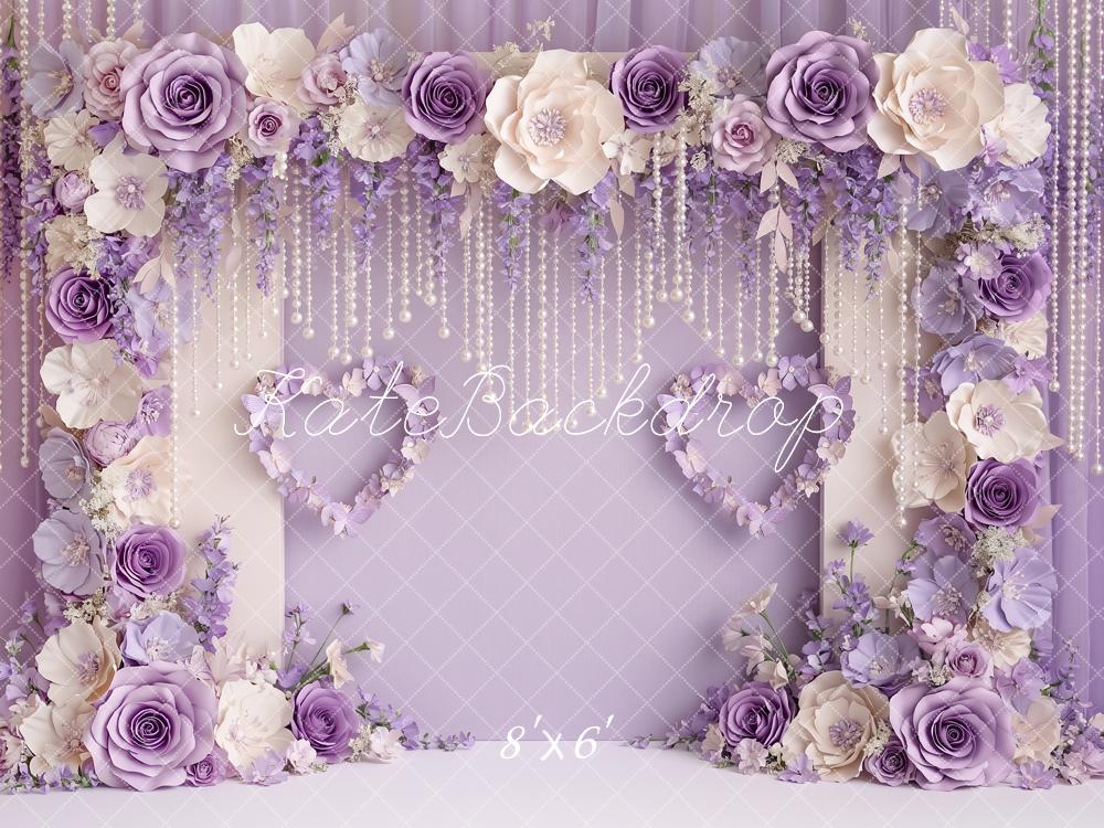 Kate Valentine's Day Purple Paper Flower Arch Pearls Printed Backdrop Designed by Angela Miller