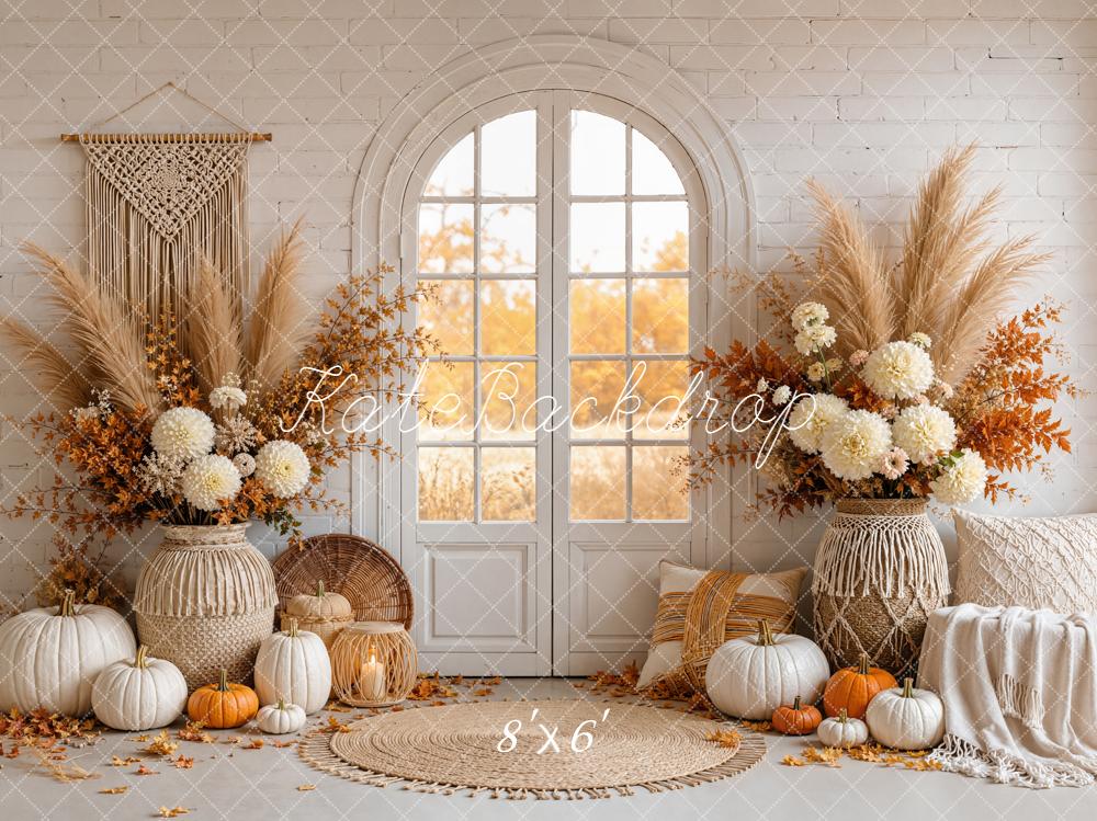 Kate Fall Boho Pumpkin Floral Arched Window Door Printed Backdrop Designed by Emetselch
