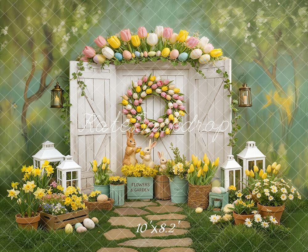 Kate Easter Bunny Tulip Wreath Garden Door Printed Backdrop Designed by Chain Photography