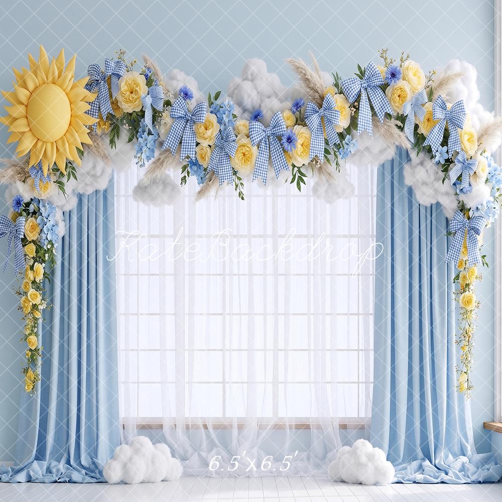 Kate Spring Floral Arch Blue Window Sun Clouds Gingham Bows Printed Backdrop Designed by Angela Miller