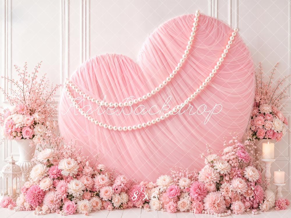 Kate Valentine's Day Pink Chiffon Heart Pearls Flowers Vases Printed Backdrop Designed by Emetselch