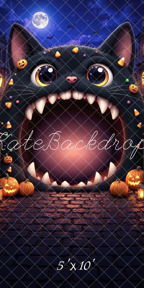 Kate Sweep Halloween Trunk or Treat Black Cat Haunted House Cobblestone Printed Backdrop Designed by Mini MakeBelieve