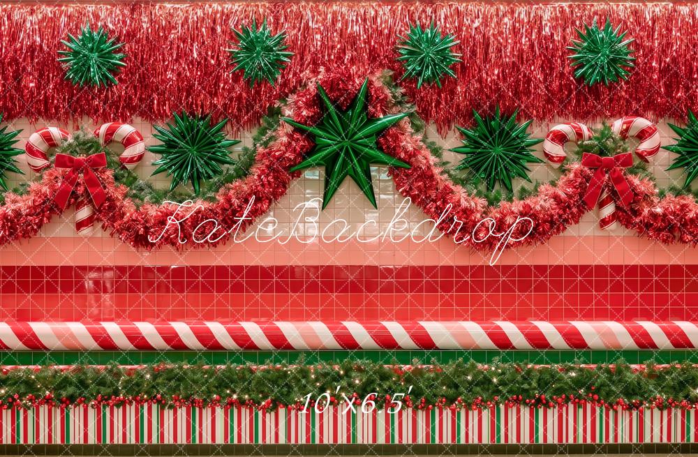 Kate 80's Mall Wall Christmas Tinsel Candy Cane Garland Printed Backdrop Designed by Angela Miller