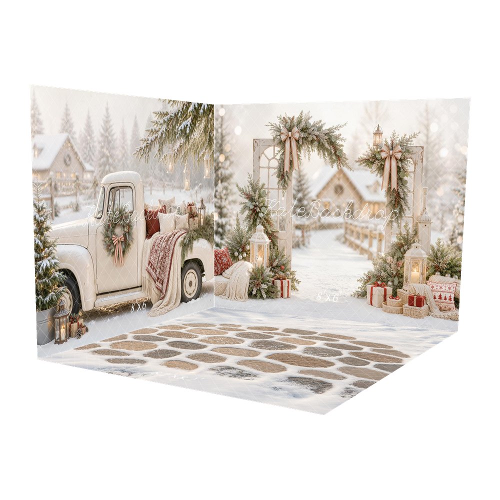 Kate Christmas Snowy Village Greenery Arch Lanterns Truck Printed Backdrop Room Set