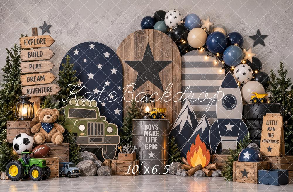 Kate Cake Smash Boys Adventure Rocket Campfire Gray Printed Backdrop Designed by Laura Bybee