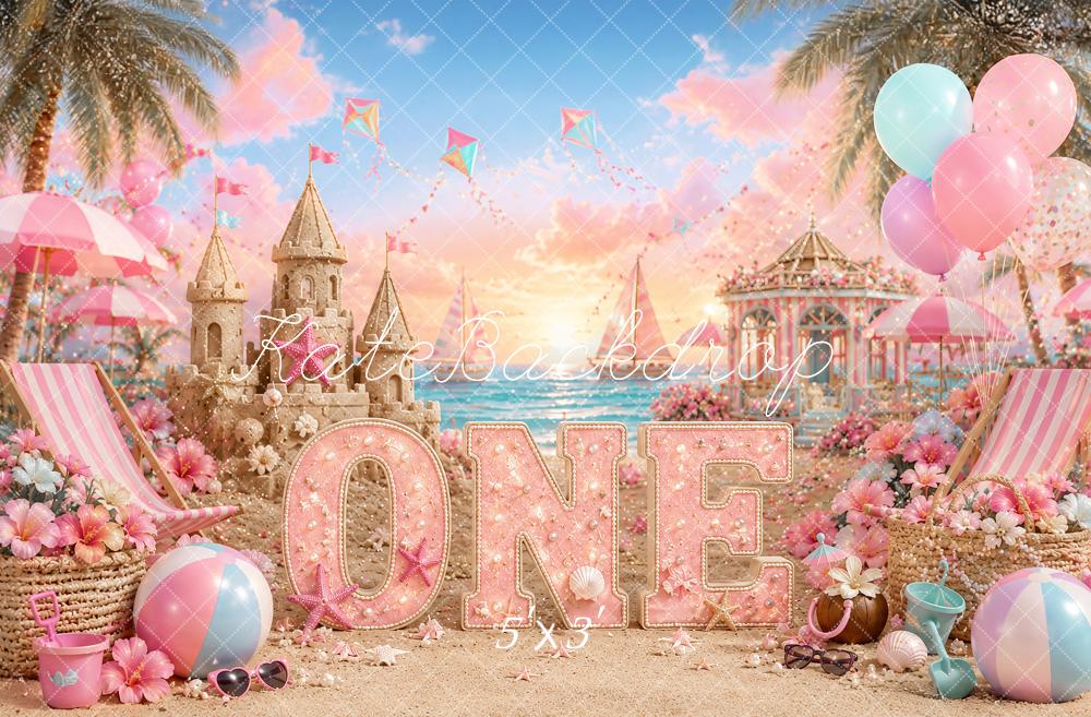 Kate Cake Smash Beach Pink Sandcastle Carousel Printed Backdrop Designed by Ashley Paul