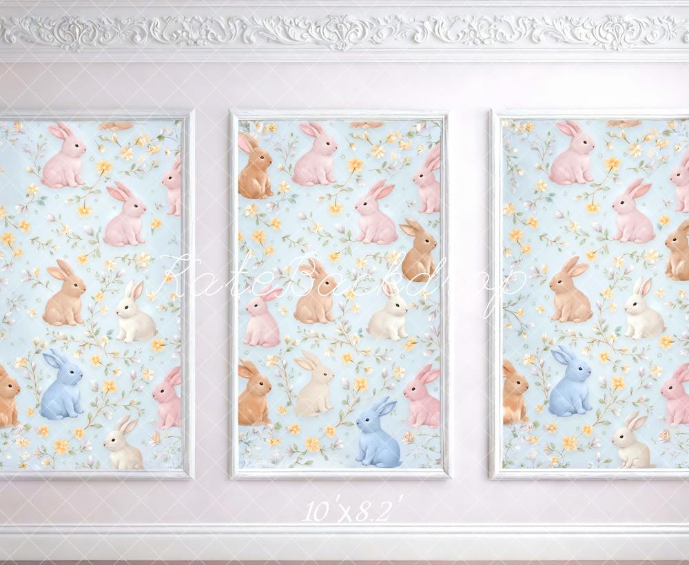 Kate Easter Bunny Floral Pastel Blue Wall Printed Backdrop Designed by Mini MakeBelieve