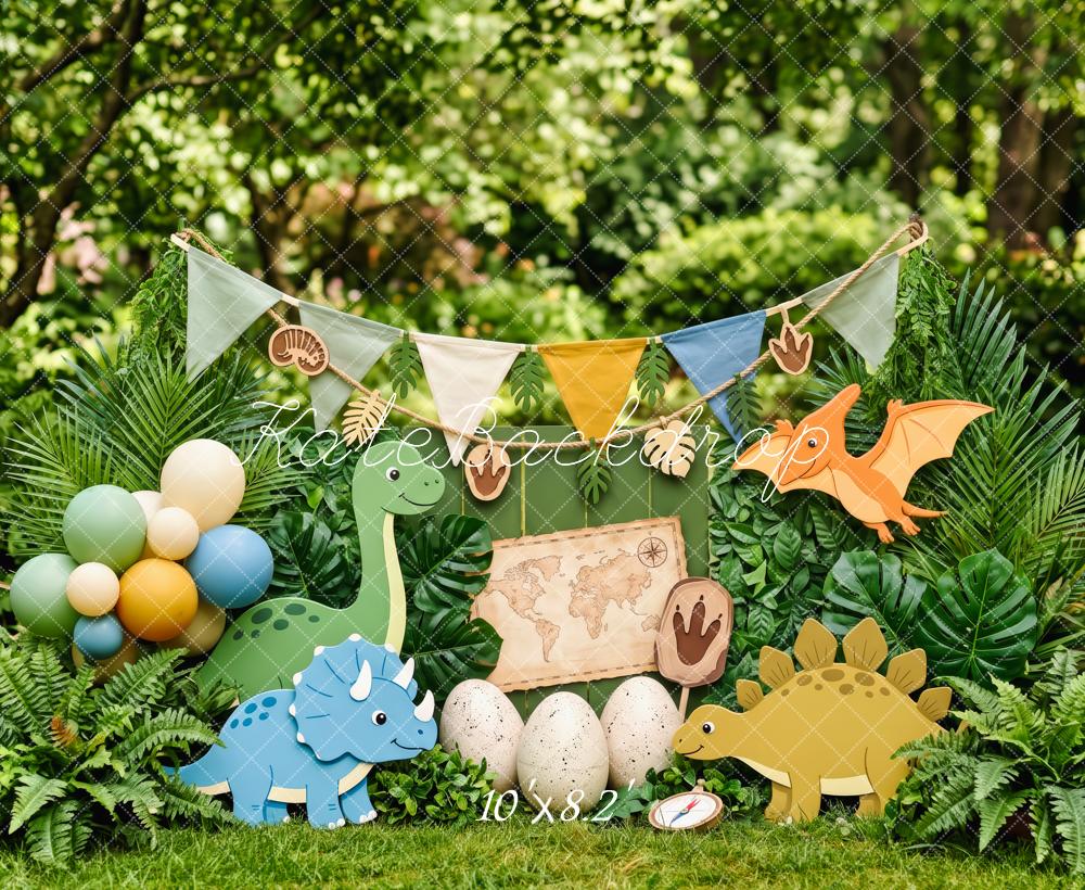 Kate Cake Smash Dinosaur Explorer Jungle Map Egg Balloons Printed Backdrop Designed by Patty Roberts