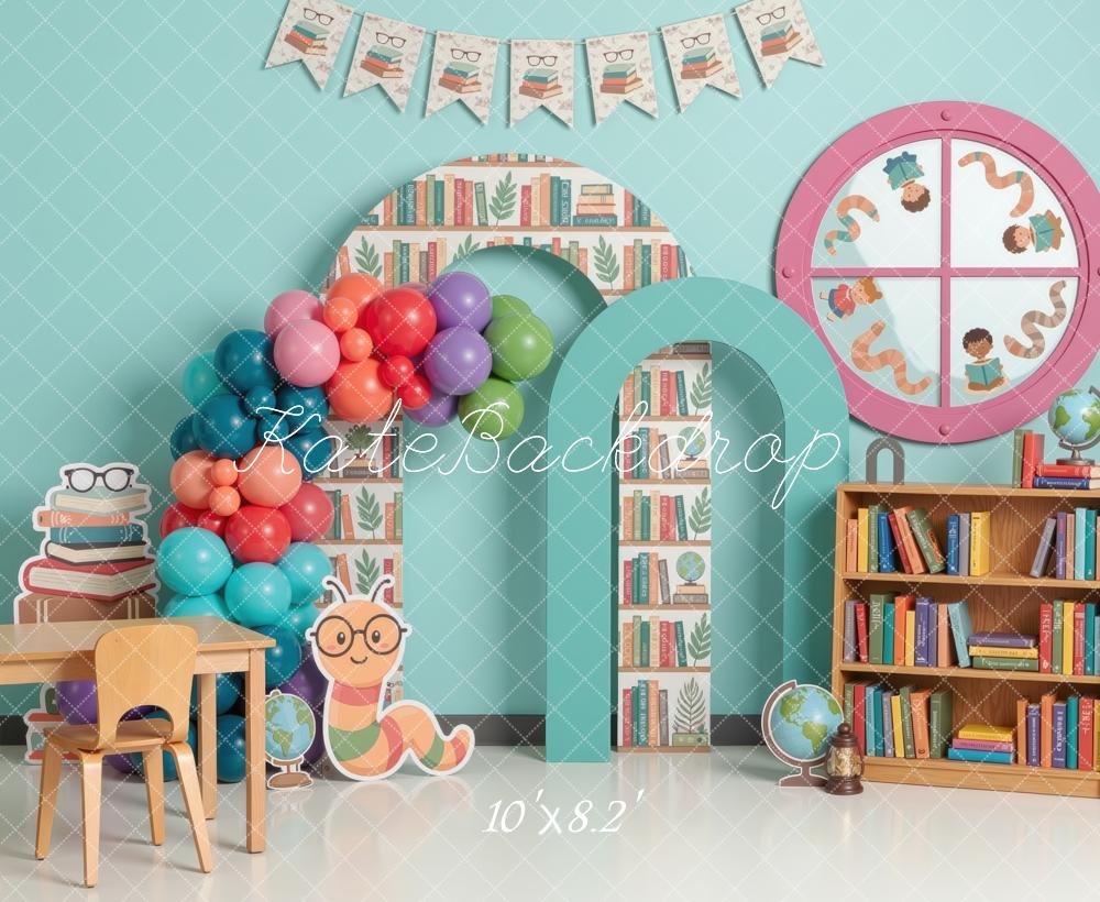 Kate Back to School Bookshelf Arch Balloons Worm Printed Backdrop Designed by Mini MakeBelieve