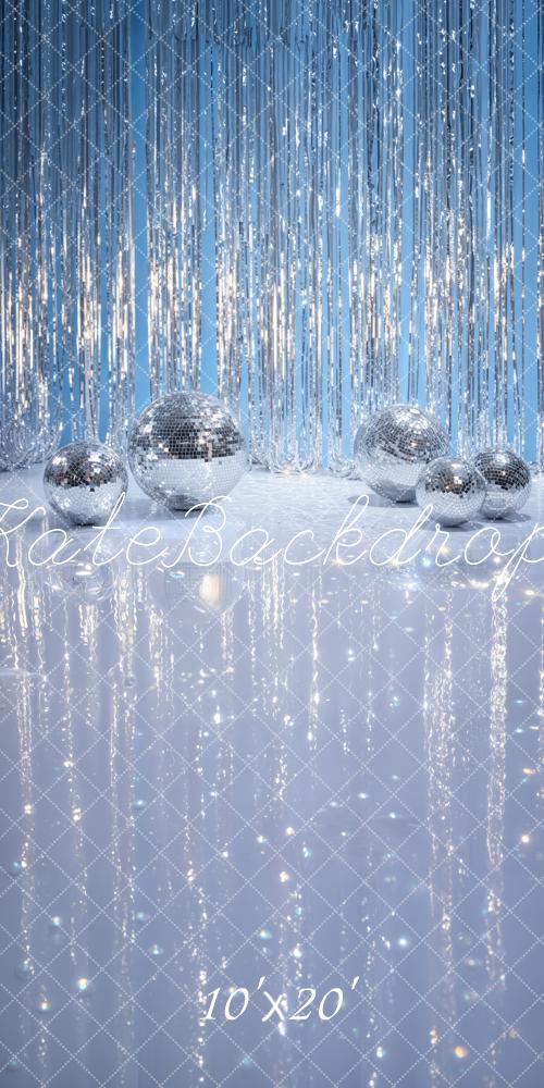 Kate Disco Silver Balls Tinsel Curtain Blue Printed Backdrop Designed by Emetselch