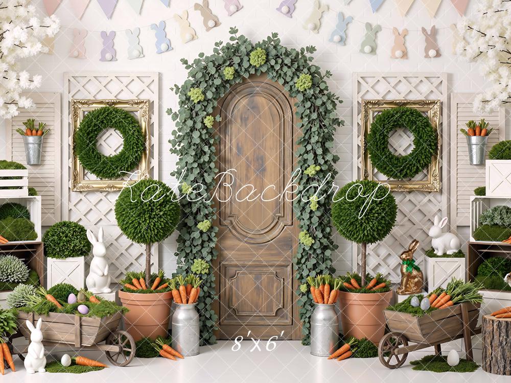 Kate Easter Bunny Wooden Door Carrots Wreaths Eggs Backdrop Designed by Mini MakeBelieve