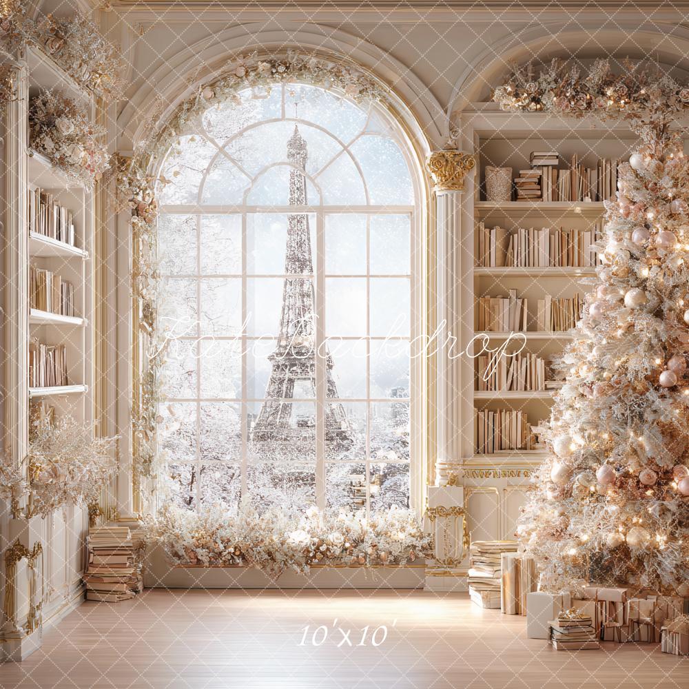 Kate Christmas Bookcase Arch Window Tree Eiffel Tower Backdrop Designed by Ashley Paul