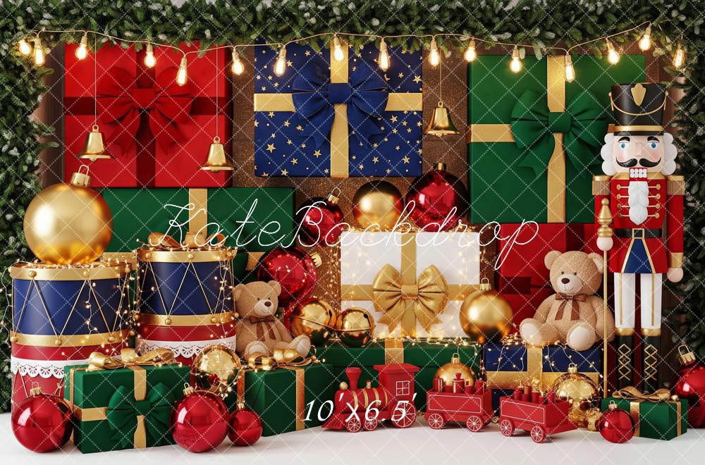 Kate Christmas Nutcracker Gift Boxes Drum Train Teddy Bear Backdrop Designed by Patty Roberts