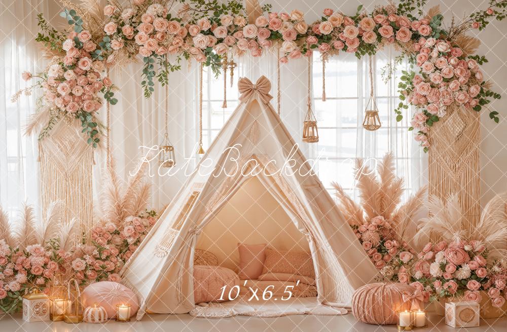 Kate Boho Flower Arch Teepee Pink Floral Macrame Backdrop Designed by Emetselch