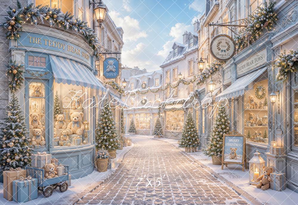 Kate Christmas Blue Teddy Bear Shop Snowy Village Street Printed Backdrop Designed by Emetselch