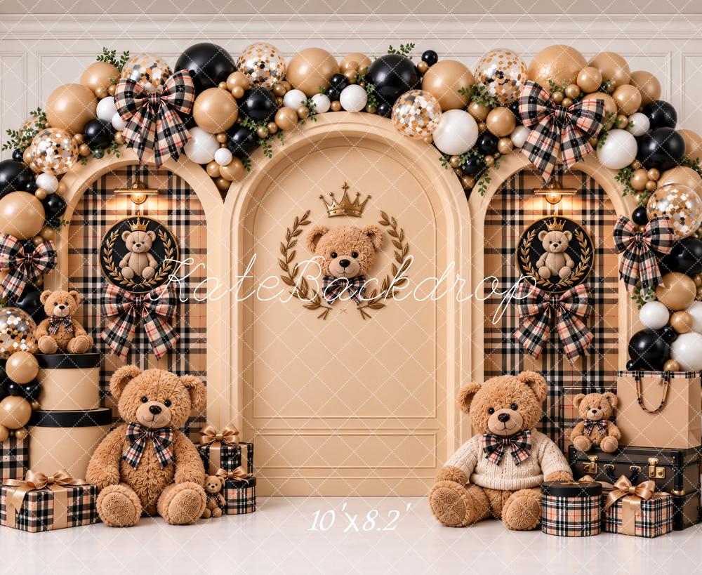 Kate Cake Smash Beige Teddy Bear Plaid Balloon Arch Printed Backdrop Designed by Ashley Paul