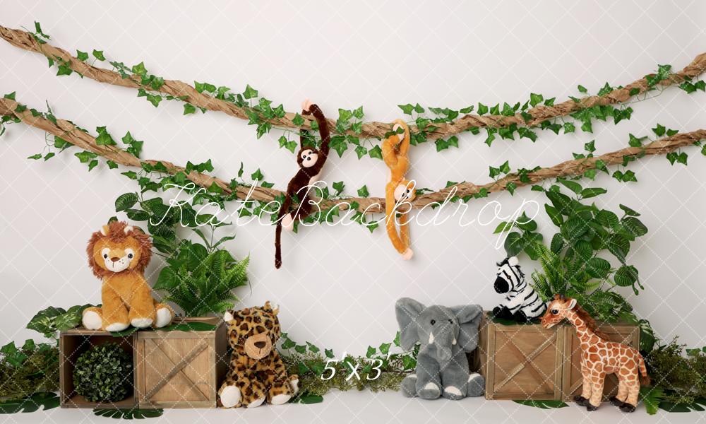 Kate Jungle Stuffed Animals Green Leaves Wooden Crates Backdrop Designed by Melissa King