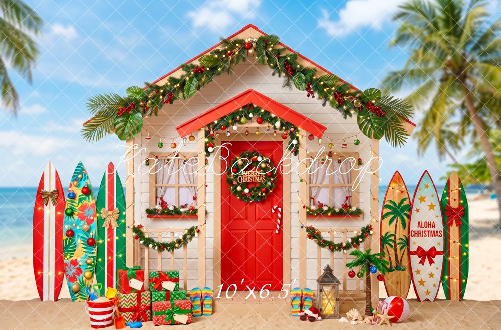 Kate Christmas Beach Surfboards Palm Hut Printed Backdrop Designed by Patty Roberts