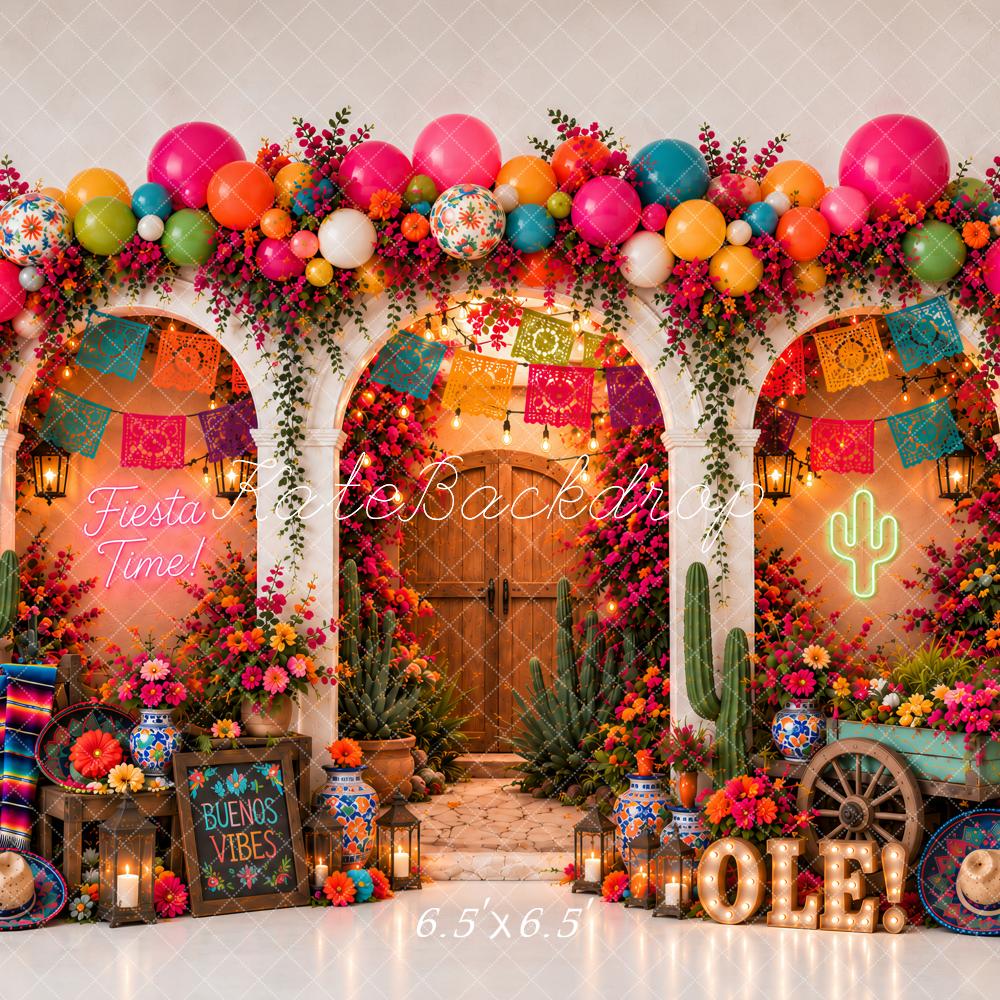 Kate Birthday Mexican Fiesta Flower Arch Cactus Balloons Papel Picado Printed Backdrop Designed by Ashley Paul