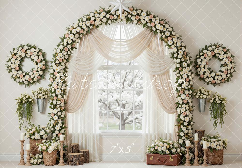 Kate Spring Flower Arch Wreath Window Drapes Printed Backdrop Designed by Mini MakeBelieve