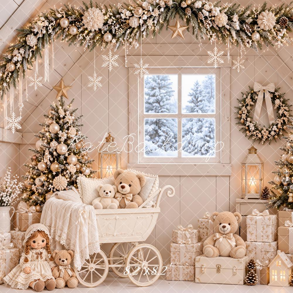 Kate Christmas Trees Beige Nursery Teddy Bears Baby Carriage White Printed Backdrop Designed by Emetselch