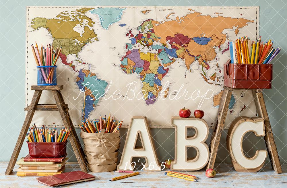 Kate Back To School World Map Alphabet Pencils Books Backdrop Designed by Emetselch