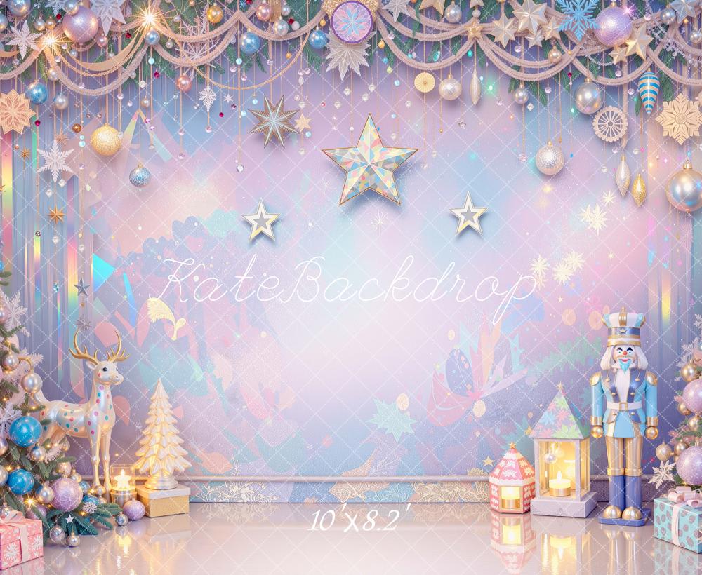 Kate Christmas Iridescent Pastel Nutcracker Tree Stars Ornament Printed Backdrop Designed by Mini MakeBelieve