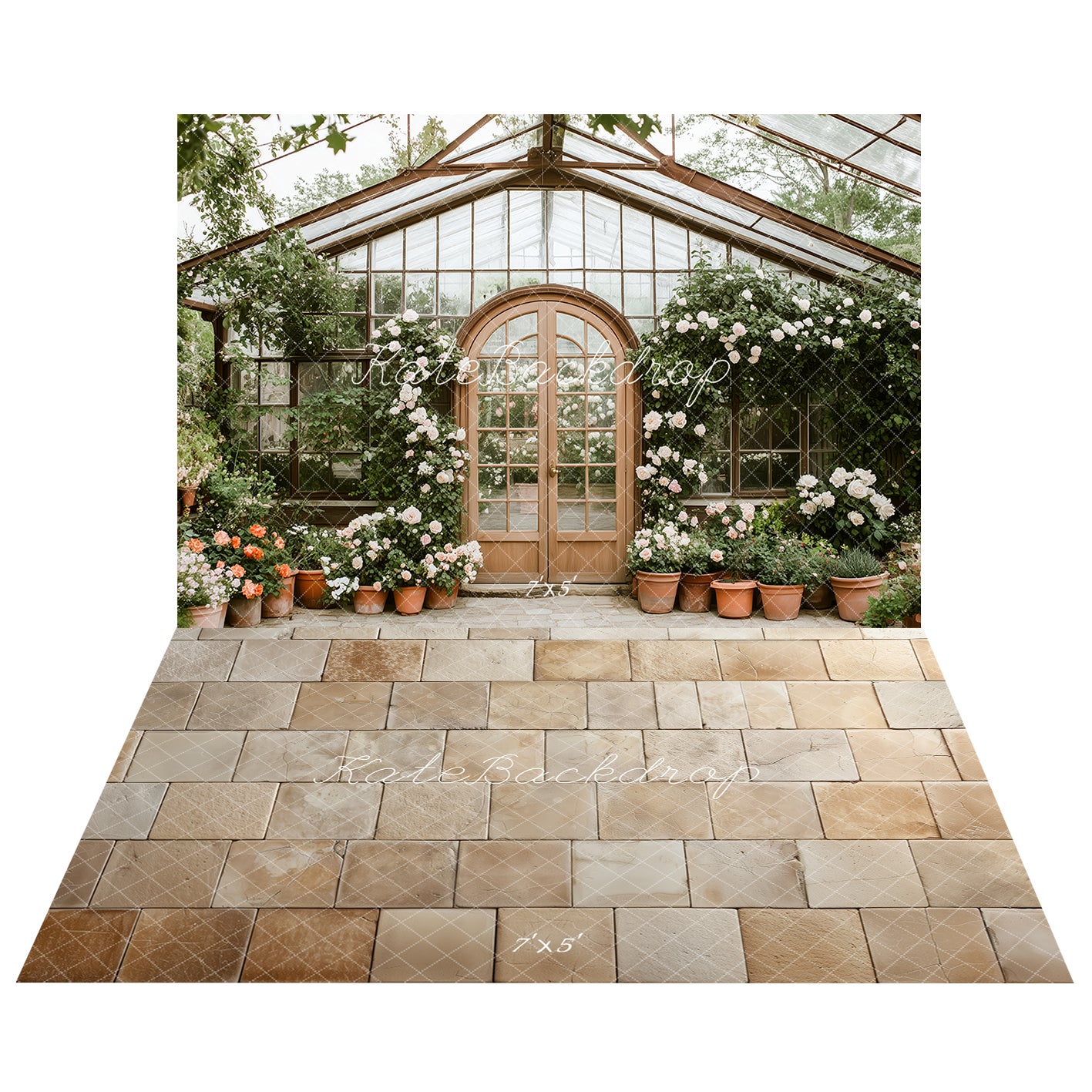 Kate Spring Floral Greenhouse Garden Backdrop+Beige Stone Floor Backdrop