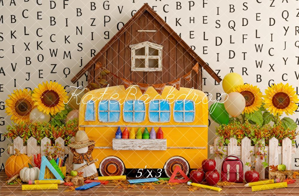 Kate Back to School Yellow Bus Sunflowers Alphabet Barn Printed Backdrop Designed by Emetselch