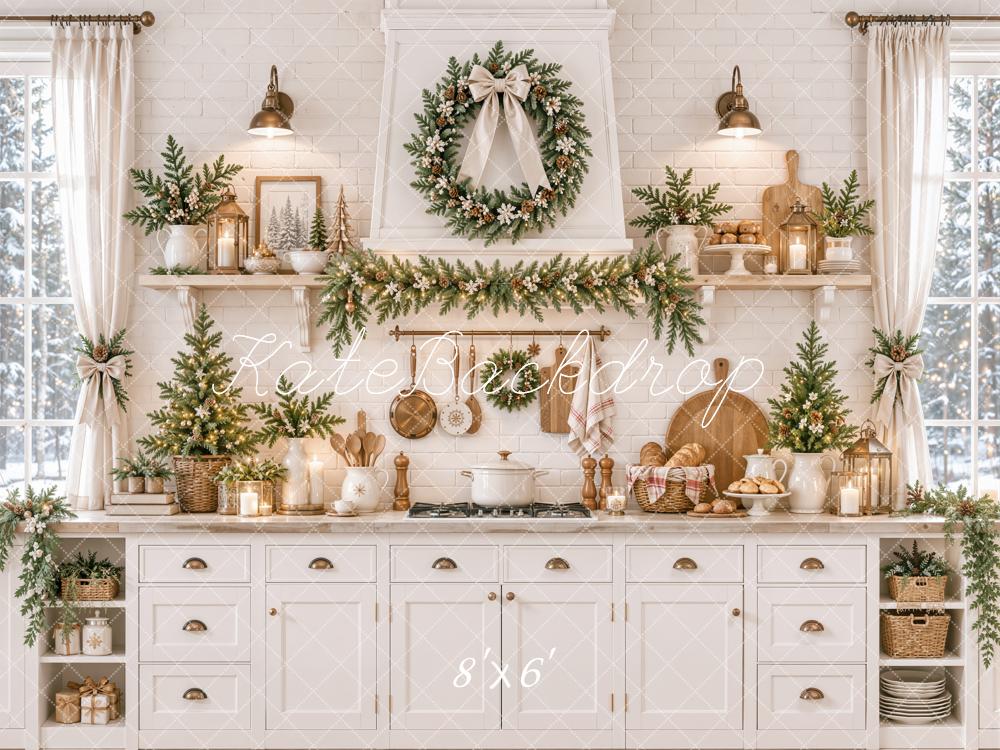 Kate Christmas White Kitchen Cabinet Wreath Garland Printed Backdrop Designed by Emetselch