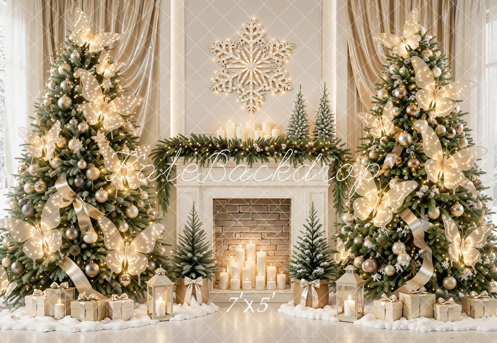 Kate Christmas Trees Butterfly Lights Fireplace Snowflake Printed Backdrop Designed by Emetselch