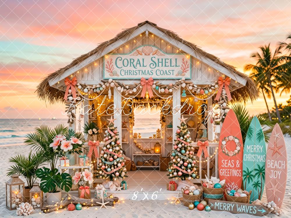 Kate Christmas Beach Cabana Surfboards Palm Trees Printed Backdrop Designed by Patty Roberts