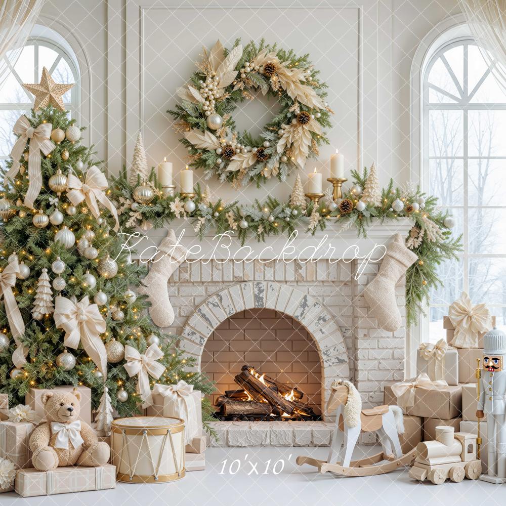 Kate Christmas Fireplace Tree White Bow Wreath Teddy Bear Printed Backdrop Designed by Mini MakeBelieve