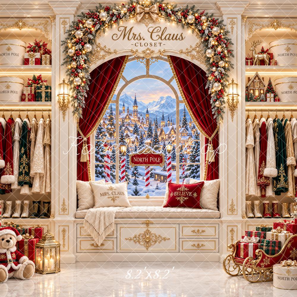 Kate Christmas Mrs. Claus Closet North Pole Window Teddy Bear Printed Backdrop Designed by Ashley Paul