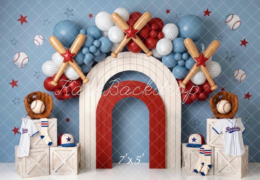 Kate Birthday Blue Baseball Arch Bats Balloons Printed Backdrop Designed by Patty Roberts