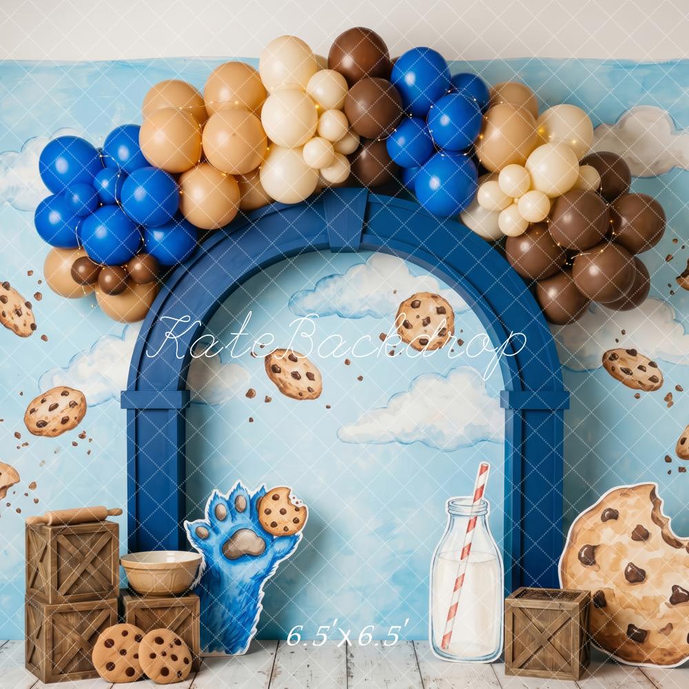 Kate Cake Smash Blue Cookie Character Milk Balloon Arch Printed Backdrop Designed by Patty Roberts