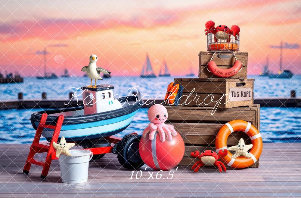 Kate Nautical Tug Boat Cake Smash Sunset Backdrop Designed by Laura Bybee