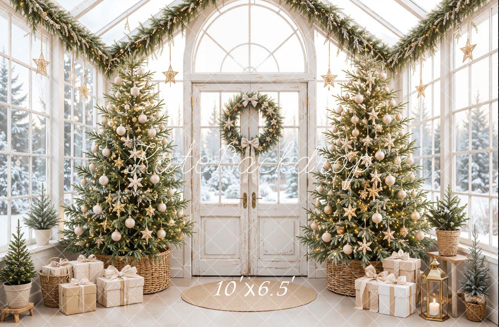 Kate Christmas Greenhouse Gold Star Trees Wreath Presents Printed Backdrop Designed by Emetselch