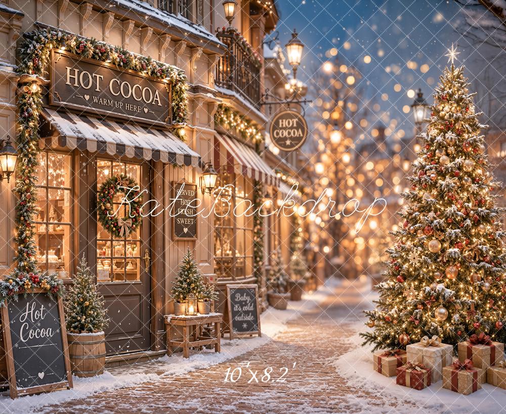 Kate Christmas Hot Cocoa Shop Snowy Street Christmas Tree Printed Backdrop Designed by Emetselch